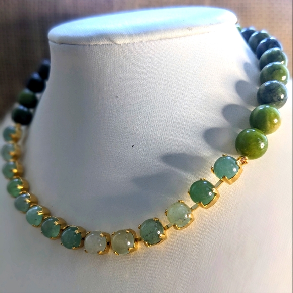 Natural Genuine Green Jade Necklace in 14K Yellow Gold Plated - Picture 2 of 7
